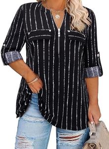 Siddhe Plus Size 3/4 Length Sleeve Womens Tops Zip V-Neck Tunic Tops Business Casual Dressy Blouses, Black Chain, 3XL