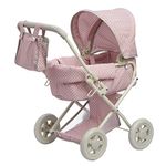 Olivia's Little World Buggy-Style Baby Doll Pram with Retractable Canopy, Storage Underneath, Detachable Bassinet, Travel Nursery Bag, Comfortable to Push, Pink and Grey