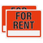 For Rent Sign 14x11, Plastic Sign for Home, Office, Rental, Commercial Propety, Waterproof Plastic (Pack of 2)