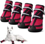 KUTKUT - Dog Pack of 4pcs Boots for Medium Large Dogs, Waterproof Dog Shoes with Nonslip Rubber Soles & Reflective Straps, Pet Booties High-Ankle Paw Protectors for Walking, Hiking, Running - Red, 2XL