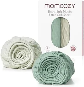 Momcozy Muslin Fitted Mini Crib Sheets, 38"x26", 2 Pack Soft Breathable Natural Cotton Baby Mattress Sheet, 360° Mattress Wrapping No Slip Boys Girls Neutral Toddler Bed Sheet, Grey Green