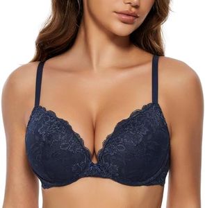 WingsLove Women's Push up Bra Floral Lace Padded Underwire Bra Demi Plunge (Navy Blue 34C)