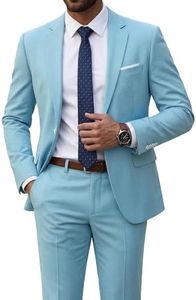 YND Men's Slim Fit 2 Piece Suit, One Button Jacket Pants Set with Tie, Solid Party Wedding Dress Blazer, Tux Trousers, Sky Blue