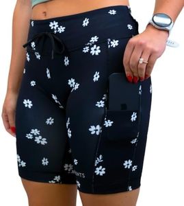 Sprints Womens Flexion 8" Compression Shorts with Pockets, Drawcord & Silicone Lined Hem (US, Alpha, Small, Regular, Regular, Florid Declamation)
