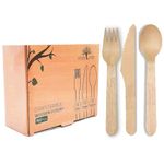 WoodGrid 150pcs Disposable Cutlery Set - 6.29 inches 50x Wooden Spoons, 50x Wooden Forks & 50x Wooden Knives Reusable, & Biodegradable Travel Cutlery Set for Kids, Parties, Camping, Weddings & Picnic