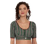 JISB Women's Printed Cotton Saree Short Sleeve Blouse (42, Green)