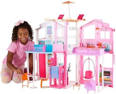 Barbie 3-Story Townhouse Dollhouse with Elevator, Swing Chair, Furniture and Accessories, Fold for Portability and Travel (Amazon Exclusive)