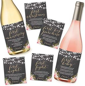 Hadley Designs 6 Floral Wedding Milestones Gift, Wine Bottle Labels or Sticker Covers, Beer, Whiskey, Liquor Bottle Labels or Stickers Set for Newlywed, Newlywed Wedding Ideas