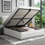 Oikiture Queen Bed Frame with Storage Space Gas Lift Bed Mattress Base White