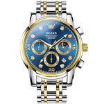 OLEVS Men's Watch Blue Dial Big Face Chronograph Moon Phase Diamond Watches Two Tone Stainless Steel Band Analog Quartz Watches for Men Waterproof Casual Business Mens Watch with Date