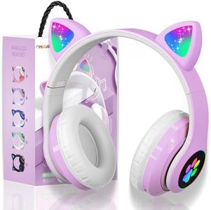 Wireless Headphones for Kids,Cat Ear LED Light Up Bluetooth Kids Headphones with Microphone for School/Travel/Sports/Gaming/Gifts/Christmas (Purple)