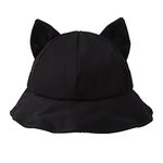 Ladies Cat Ears Bucket Hat Solid Color Fisherman Hat for Women Folding Sun Hat Y2K Style, Black, One Size