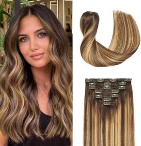 Sunfly Clip in Hair Extensions Real Human Hair Balayage Chocolate Brown to Caramel Blonde 24 Inch Clip In Extension 120g 7Pcs