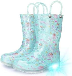 Funspread Rain Boots for Girls - Light Up Rain Boots for Toddlers and Kids Waterproof Shoes with Handles Glitter Blue Size 9