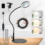 KMDES 10X Magnifying Glass with Light and Stand, 2-in-1 Magnifying Lamp with Light, 3 Color & 10 Brightness Level LED Lighted Magnifier Hands Free for Hobby Craft Lengthen Gooseneck Workbench Light