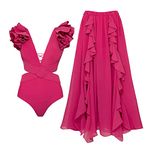 FYMNSI Swimming Costume Women Swimsuit with Matching Sarong Two Piece Swimsuits Tummy Control One-Piece Monokini V-Neck Padded Push Up Elastic Waist Chiffon Ruffle Long Skirt Swimwear Hot Pink M