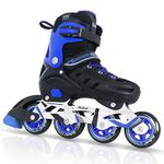 Blue Inline Skates for Youth Boys Men, 4 Sizes Adjustable Blades Roller Skates with Ankle Support, Adjustable Strap, 84mm Wheels and Soft Boot Fit for Skating, Roller Derby, Street Hockey