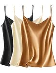 VIDUSSA Womens Silky Satin Vest Tops Pack V Neck Spaghetti Strap Loose Sleeveless Cami Tank Shirt Blouses 3 Pack Black+Champagne+Khaki XL