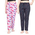 Real Basics Women's Cotton Printed Pyjama Pack Of 2(Rb-W-Pj-M-P2-S4(Sky+Cherry) Multicolorm, Casual Style, Pink Sky,Navy Cherry)