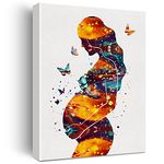 Watercolor Pregnancy Art Canvas Painting Pregnant Woman With Child Prints Medical Art for Home Living Room Wall Decor Framed Obstetrics Artwork Gifts(12x15 Inch)