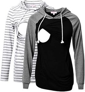 Bhome 2pcs Nursing Shirt Long Sleeves Hoodie Breastfeeding Top Sweatshirt Grey Stripe/Grey Raglan M