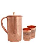 Taluka Handmade Copper Etching Embossed Jug & Glass Set 1500 ML Jug with 2 Copper Glass Pitcher for Storage Water & Serving Ware Set of 3