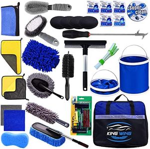 King Wing Car Wash Kit-30Pcs, Interior and Exterior Car Cleaning Tools Kit Includes Multi size Microfiber Towels, Scrapper, Sponge, Mitt, Duster, Brushes, Wax Pads, Collapsible Bucket, Tire repair Kit