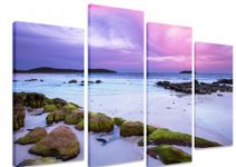 Art_Depot_Outlet PICTURE - Multi Split Panel Canvas Artwork Art - Sea Ocean Sunset Beach Sunrise Rocks Pink And Purple Sky 4 Panel - 101cm x 71cm (40"x28")