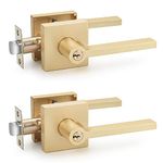 2 Pcs Satin Brass Door Handles, Interior/Exterior Door Knobs with Lock and Key, Gold Entry Door Levers for Bedroom Bathroom or Front Doors, Heavy Duty Modern Door Hardware