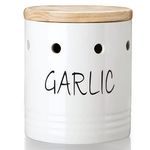 Ceramic Garlic Keeper with Wood Lid, Garlic Container for Counter Easy to Clean,Garlic Saver to Keep Your Garlic Cloves Fresh Longer,Farmhouse Garlic Holder Storage Container, 4.5 inch (White)