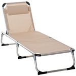 Outsunny Foldable Outdoor Sun Lounger, Reclining Lounge Chair Camping Bed Cot with Pillow 4-Level Adjustable Back Aluminium Frame, Khaki