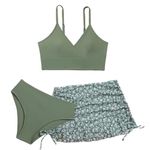 Momkonzz Girls Swimming Costume Kids Swimsuits Bikini Set 3 Piece Bathing Suits Teen Flower Bikini Strap Set with Skirt Cover Up Surfing Beach Swimwear Green 15-16 Years