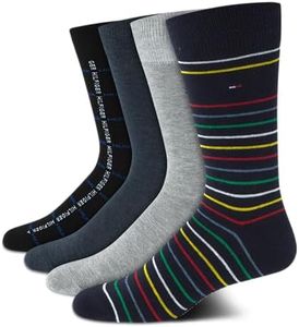 Tommy Hilfiger Men's Dress Socks - Lightweight Comfort Crew Sock (4 pack), Grey/Blue Stripe, 7-12
