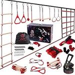 RUNNING PIGGY Two Ways 2*42ft Ninja Warrior Obstacle Course for Kids Or Adult with 9 Accessories | Switch Between Slackline and Ninja Obstacle Kit with Climbing Net, Rope Ladder, Gym Rings and Monkey Bars and Fist