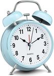 Bernhard Products Analog Alarm Clock 4" Twin Bell Light Blue Silent Non-Ticking Quartz Battery Operated Extra Loud with Backlight for Bedside Desk, Retro (Light Blue)