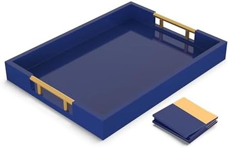 15.75" x 11.75" Decorative Rectangle Navy Blue Serving Tray with Handles Includes 4 Matching Coasters, Ottoman Tray - Tea and Coffee Table, Modern Wooden Tray for Living Room