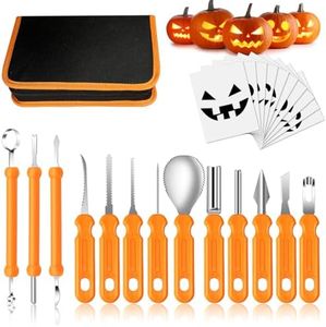 Mengine Halloween Pumpkin Carving Kit, Professional Pumpkin Carving Tools Heavy Duty Stainless Steel with Stencils and Storage Bag for Halloween Pumpkin Decorative