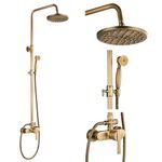 Rozin Antique Brass Shower System with 8 Inch Rain Shower Head and Hand Shower Single Handle Ready Wall Mounted Retro Shower Set