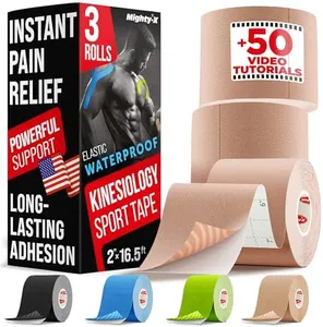 Waterproof Kinesiology Tape - [3 Rolls] - Kinetic Tape - Joints Support & Muscle Pain Relief - 16.4 ft Uncut Knee Tape + 50 Videos - Beige Muscle Tape