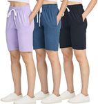 Real Essentials 3 Pack: Womens Just My Plus Size Cotton French Terry Cloth 9" Bermuda Short Pockets Ladies Knee Length Summer Casual Yoga Lounge Athletic Long Hiking Knee Length Pull On Shorts Pull On