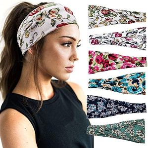 Bohemian Women Floral Print Cross Headband Elastic Hair Band Ladies Printed Non-Slip Headband, Sports Yoga Running Summer Elastic Sweat-Absorbent Headband. for Women, Girls, Kids (5-Piece Set)