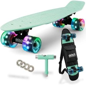 SKITCH Complete Skateboard for Kids 8-10 Year Old Beginner Boys Children Youth Teens Gift Set 22 Inch Penny Board Mini Cruiser ABEC 9 Bearings Black Skateboards Backpack Skate Tool (Mint Green LED+)