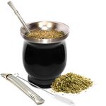 Norte Group Stainless Steel Double-Walled Yerba Mate Natural Gourd Tea Cup Set Includes Bombilla (Straw) and Cleaning Brush (Black )