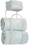 mDesign Modern Metal Wire Wall Mount Towel Rack Holder and Organizer with Storage Shelf - for Bathroom Towels, Washcloths, Hand Towels - Decorative Curved Design - Satin