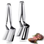 Romooa 2 Pieces Cooking Tong Steak Clamps 10 Inch and 12 Inch Stainless Steel Double Sided Steak Clamps Multifunctional Flipping Spatula Clip for Burgers BBQ Pies Halloween Thanksgiving Christmas