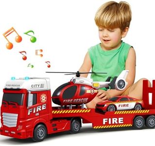 SpringFlower Large Fire Truck Toy with Racing Car and Helicopter, 3 in 1 Lights & Sounds, Christmas & Birthday Gift for Kids 3-6 Years