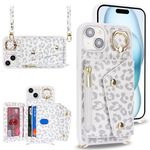 ELTEKER Phone Case for iPhone 15 Crossbody Lanyard Case Wallet with Shoulder Strap & Ring-Stand,PU Leather Flip Cover with Card Holder Zipper Wallet for Women for iPhone 15 - Leopard White