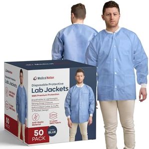 Disposable Lab Jackets - With 3 Pockets and Soft Knit Cuffs & Collar | Unisex Hip Length Medical Lab Jacket (50, Blue, Extra Large)