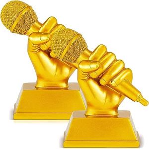 Hicarer 2 Pcs Golden Awards Microphone Trophy 6 Inch Resin Microphone Music Trophies Funny Trophy for Adult Singing Trophy Awards for Karaoke Competition Party Dance Appreciation Decoration