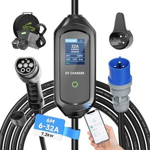 AFYEEV EV Charger - Type 2 to 3 Pin Commando Plug, Adjustable Current 8/10/13/16/32A, 6Meter, IP65 Rated, 7.2kW, Delay Timer 1-12 Hours, Carry Bag Included